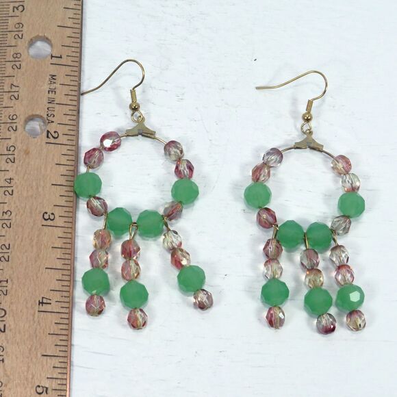 Handmade Dangle Earrings With Hoops and Green Glass Beads & Rose Crystal Dangles - Picture 5 of 7